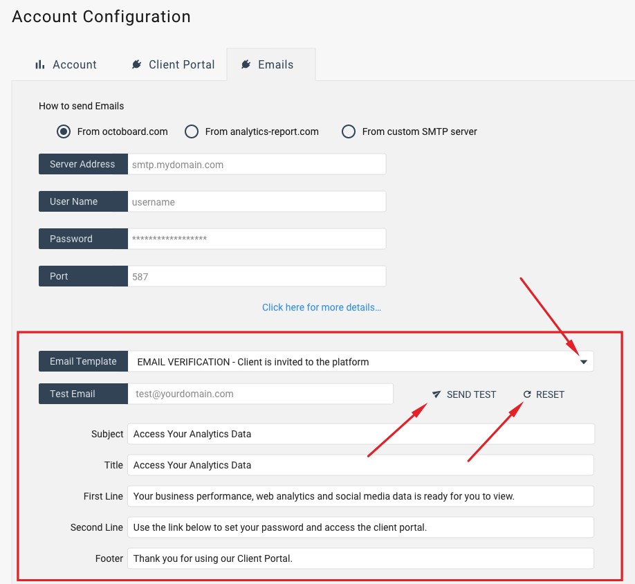 Configuring email templates in ametrika