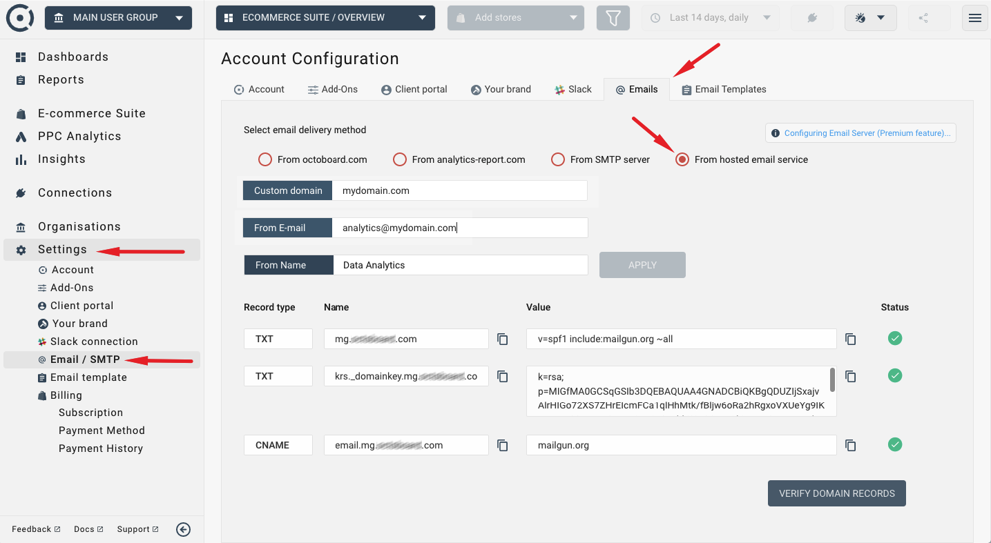 Configuring hosted email service