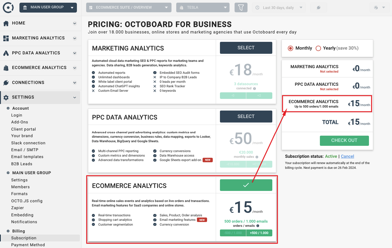 Ecommerce suite pricing information in ametrika