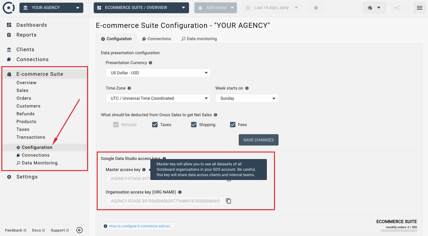 Google data studio access key in ametrika ecommerce suite